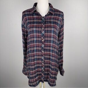 Caslon Women’s Small Navy Burgundy Teal Plaid Boyfriend Fit‎ Tunic Button Up
